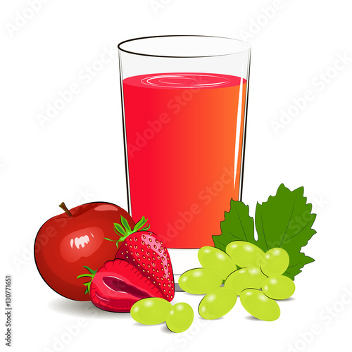 Vector illustration of glass with grape, strawberry, apple juice and grape, strawberry, apple berries.