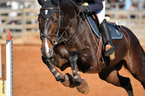 Rider on horse jumping over a hurdle during the equestrian event Fototapeta