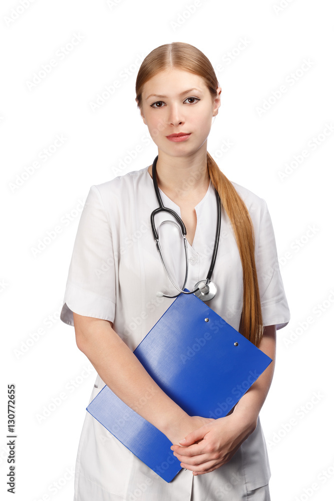 Female doctor with black stethoscope and blue paper holder Female doctor with black stethoscope and blue paper holder