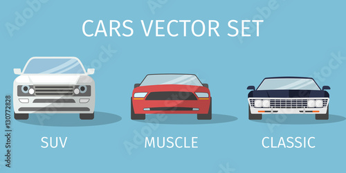 Car icons in flat style. SUV, muscle and classical vehicles. Vector illustration.