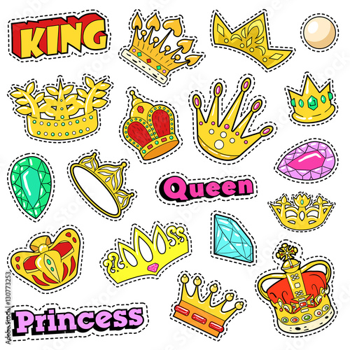 Crowns Golden Decorative Elements for Scrapbook, Stickers, Patches, Badges. Vector Doodle