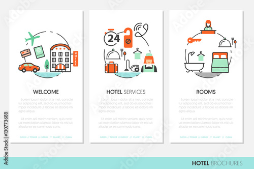 Hotel Accomodation Business Brochure Template with Thin Line Vector Icons