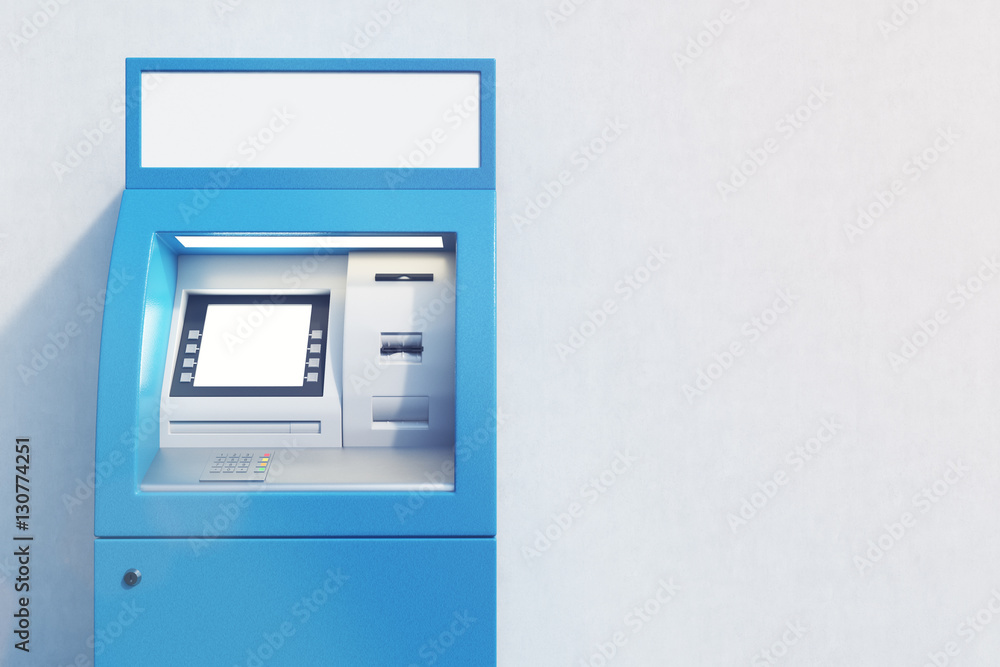 Close up of blue ATM machine Close up of blue ATM machine