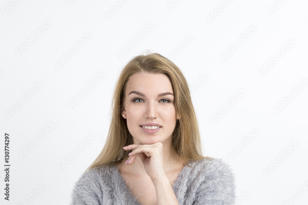 Calm woman looking at cute thing Calm woman looking at cute thing