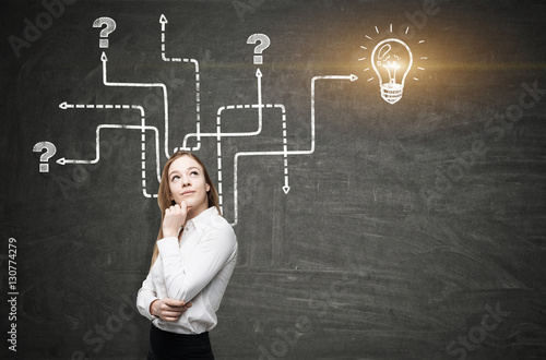 Принти на полотні Woman, light bulb and arrows, blackboard, close up