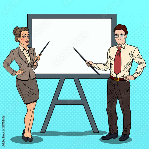Pop Art Businessman and Business Woman with Pointer Stick and White Board. Vector illustration