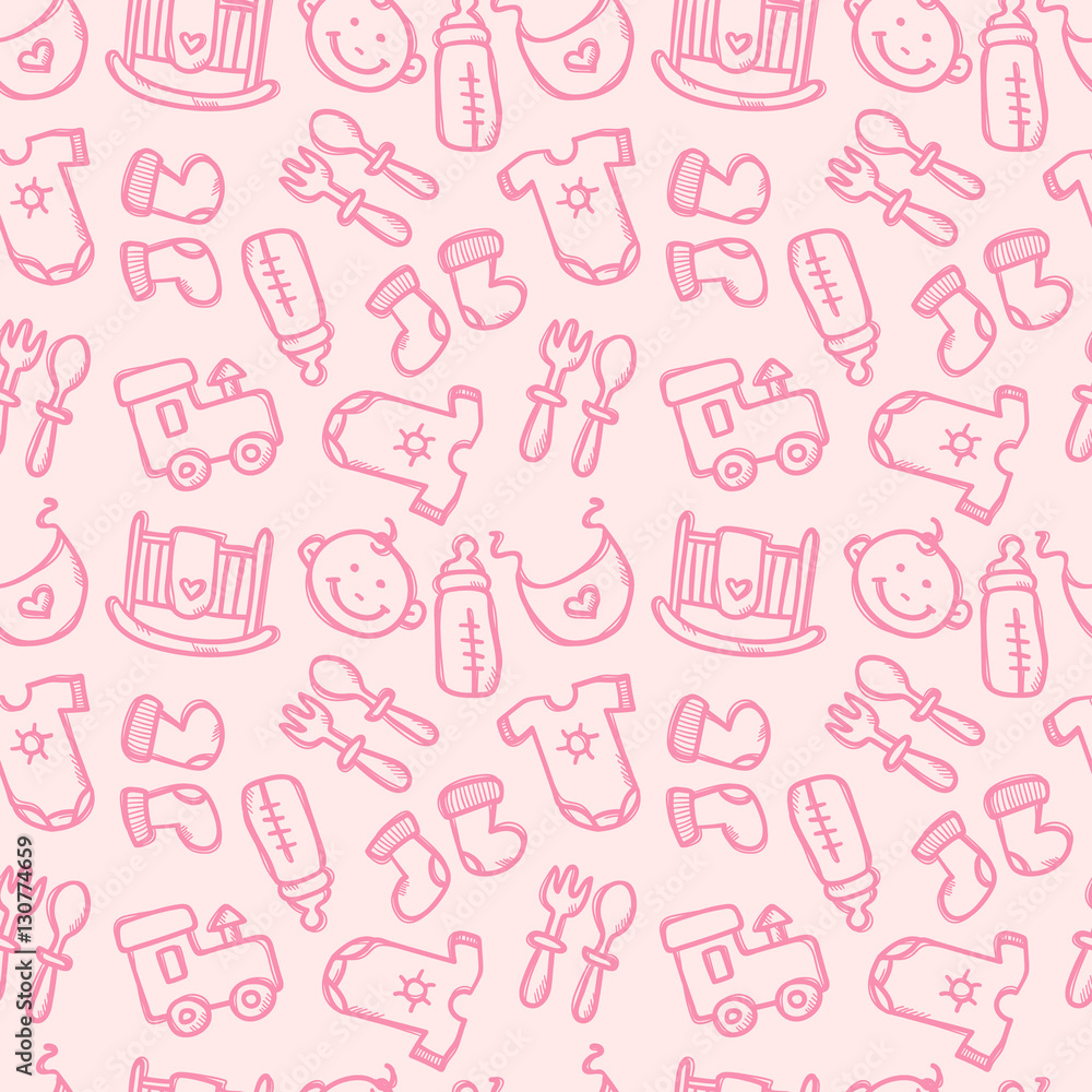 Vector seamless pattern with baby objects. Newborn clothes and accessories background in doodle style