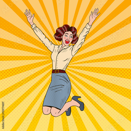 Pop Art Successful Jumping Business Woman Celebrating. Vector illustration