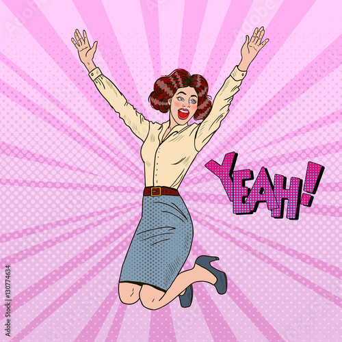 Pop Art Successful Jumping Business Woman Celebrating. Vector illustration