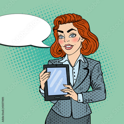 Pop Art Beautiful Business Woman Holding Digital Tablet. Vector illustration
