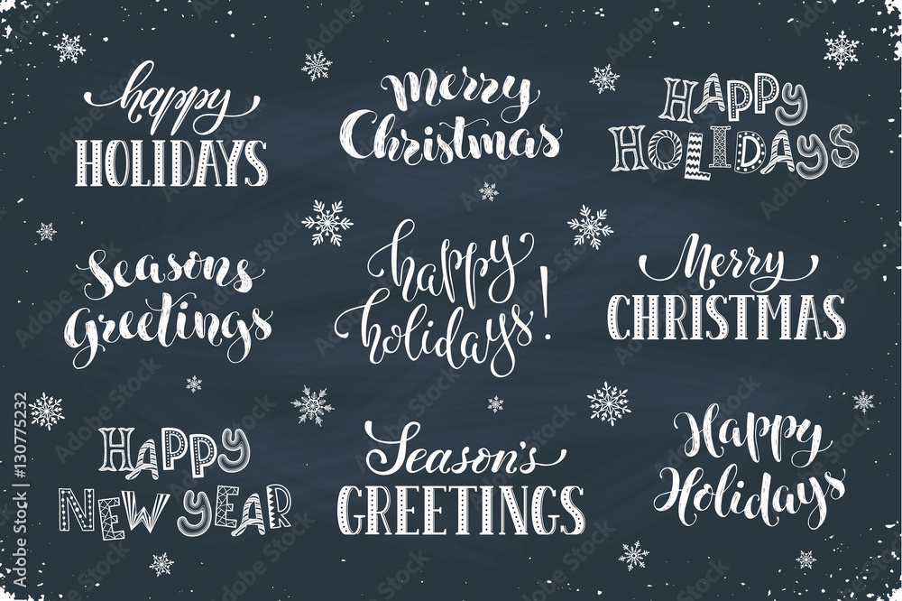 Hand written New Year phrases. Greeting card text template with snowflakes drawn on chalkboard