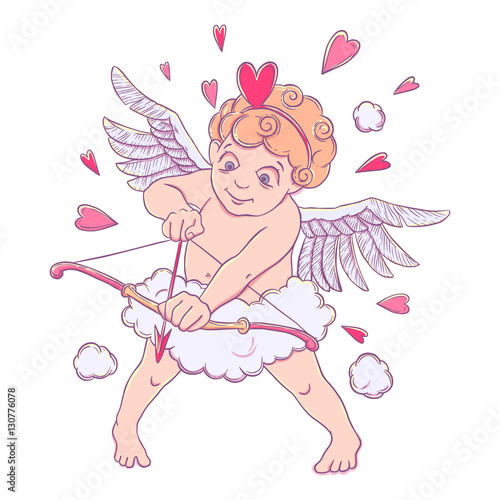 Valentine's day. Cupid with a bow and arrow takes aim. Vector illustration isolated on white background.