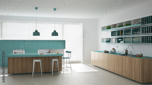 Scandinavian white kitchen with wooden and turquoise details, mi