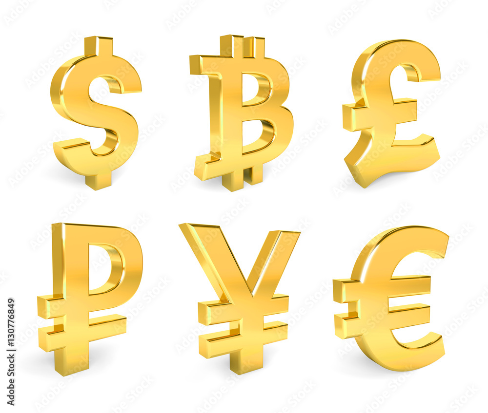 Dollar, Euro, Pound, Yen, Bitcoin, Ruble. Set of 6 currency 3d s Dollar, Euro, Pound, Yen, Bitcoin, Ruble. Set of 6 currency 3d s