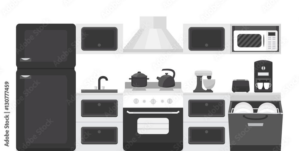 Black white color kitchen interior.