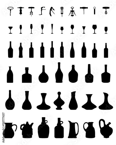 Silhouettes of bowls, bottles, glasses and corkscrew, vector