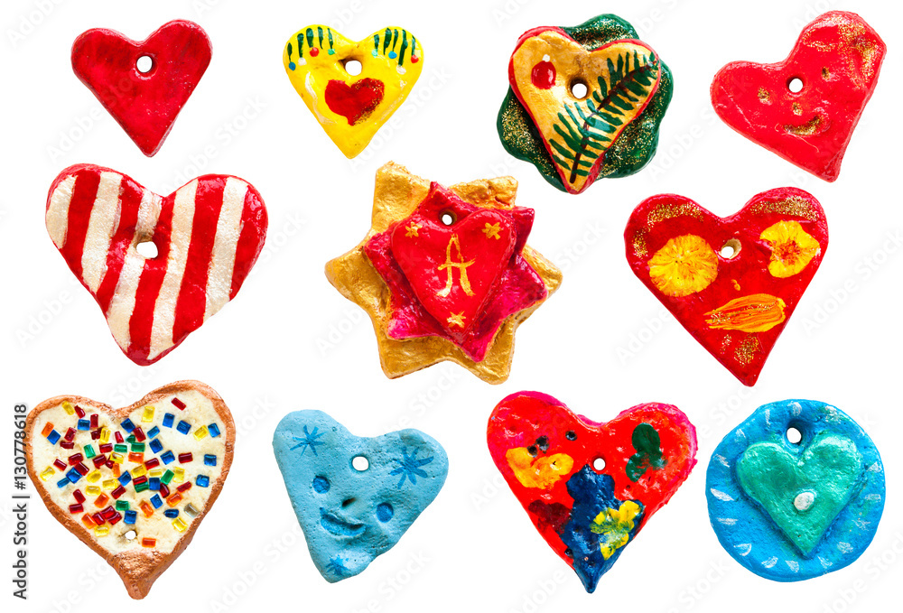 Toys made of salty dough. Set of eleven hearts Toys made of salty dough. Set of eleven hearts
