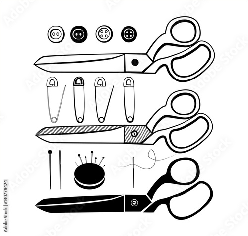 Sewing kit with scissors, buttons,pins and needles black lines illustrations