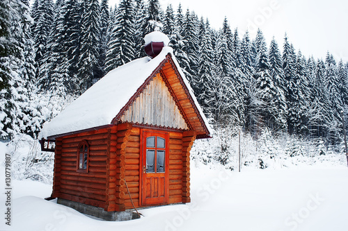 rural wooden building on mountain top at ski resort. vintage pic © ver0nicka