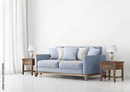 Livingroom with fabric sofa  pillows and lamps on empty wall background. 3D rendering.