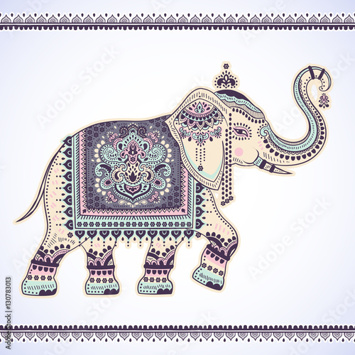 Vintage graphic vector Indian lotus ethnic elephant. African tri