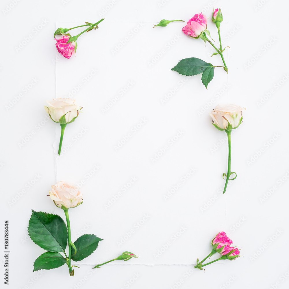 Pattern with flowers, branches and leaves isolated on white background. Flat lay, Top view. Pattern with flowers, branches and leaves isolated on white background. Flat lay, Top view.