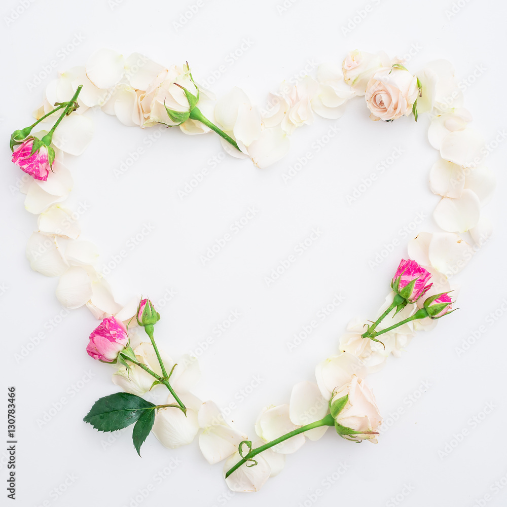 Heart of flowers. Flat lay, Top view