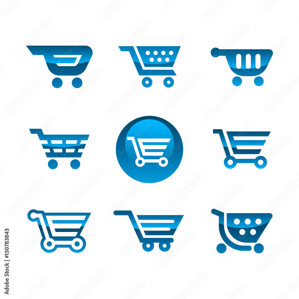 Set of blue shiny metallic shopping cart icons Set of blue shiny metallic shopping cart icons