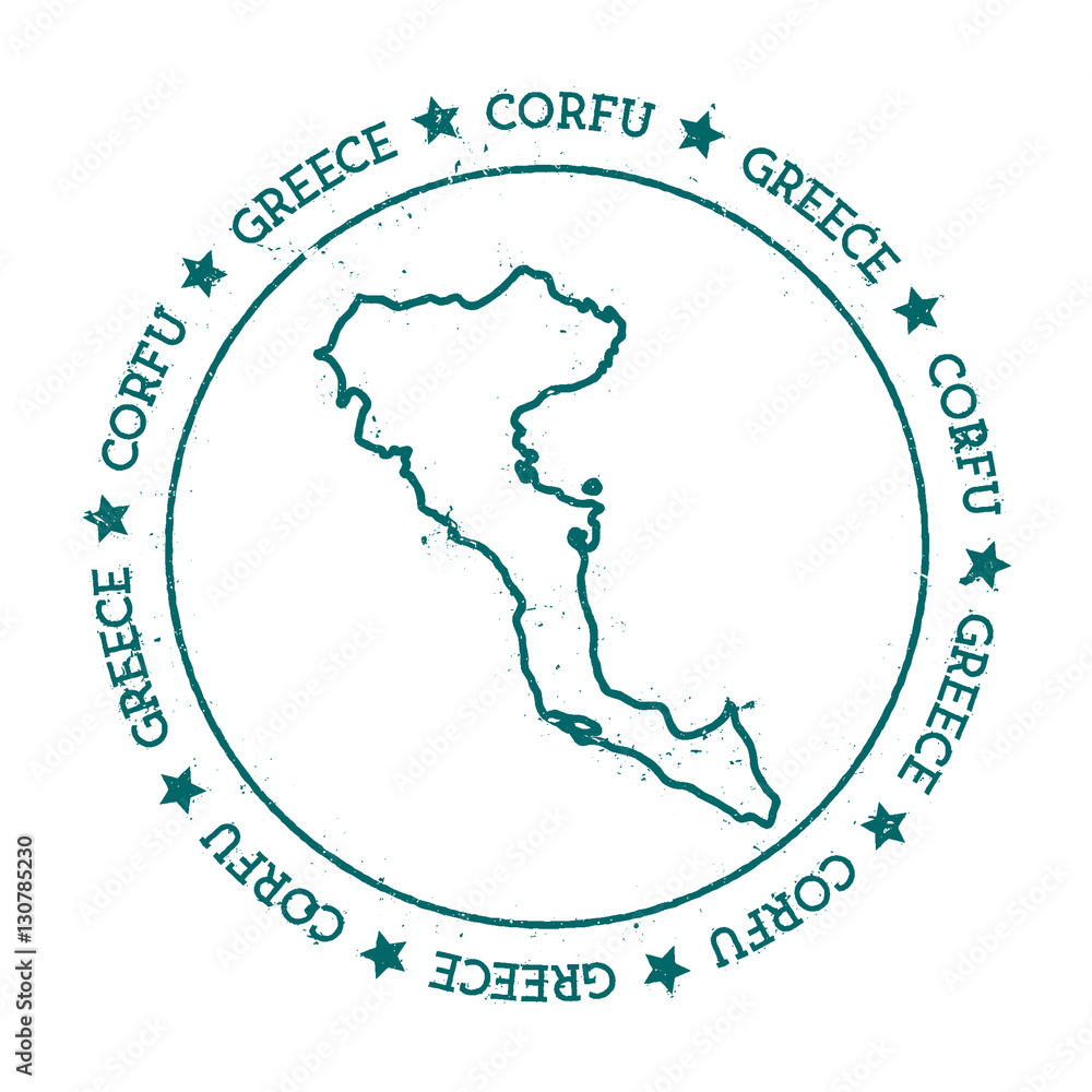 Obraz premium Corfu vector map. Distressed travel stamp with text wrapped around a circle and stars. Island sticker vector illustration.