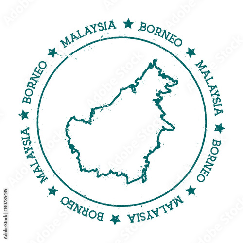 Borneo vector map. Distressed travel stamp with text wrapped around a circle and stars. Island sticker vector illustration.