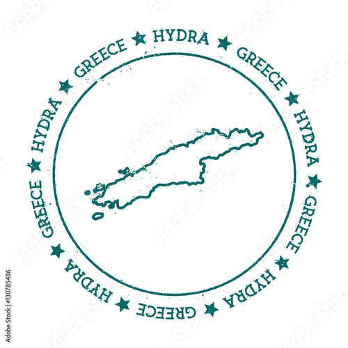 Hydra vector map. Distressed travel stamp with text wrapped around a circle and stars. Island sticker vector illustration.