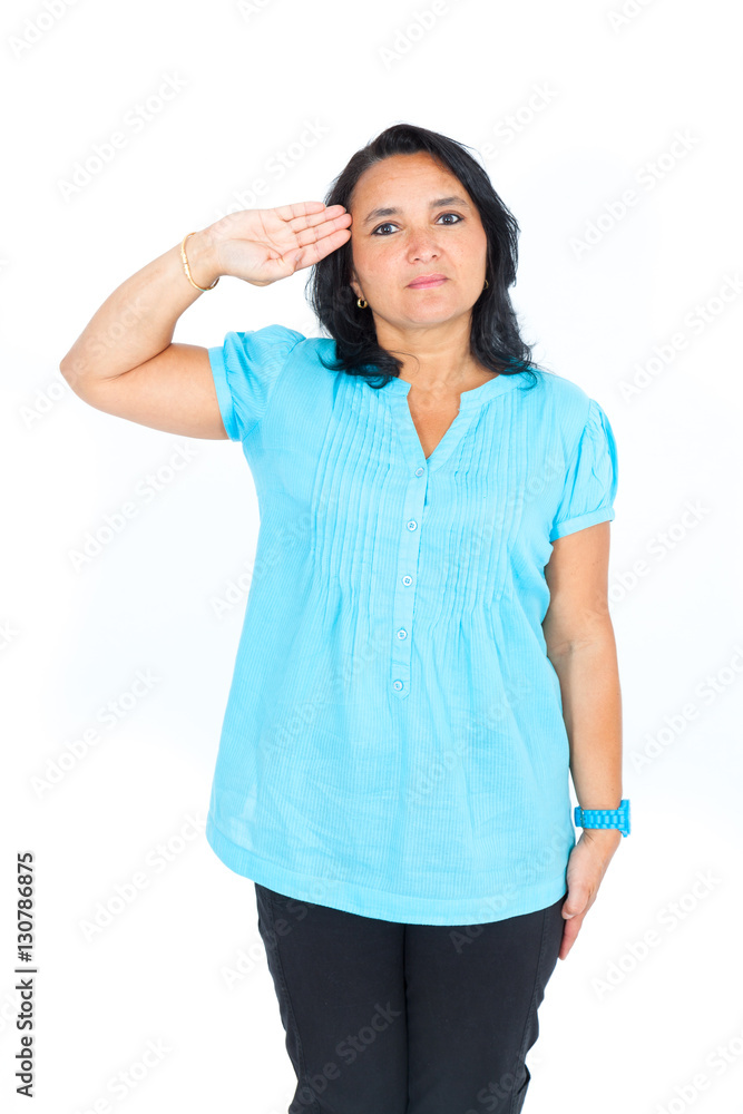 Beautiful woman doing different expressions in different sets of clothes: at attention Beautiful woman doing different expressions in different sets of clothes: at attention