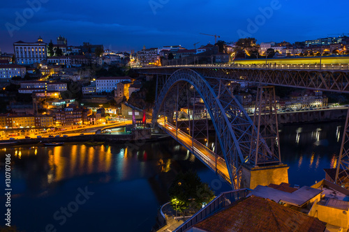 Ribeira and Douro river in the Porto old town at night, Portugal.