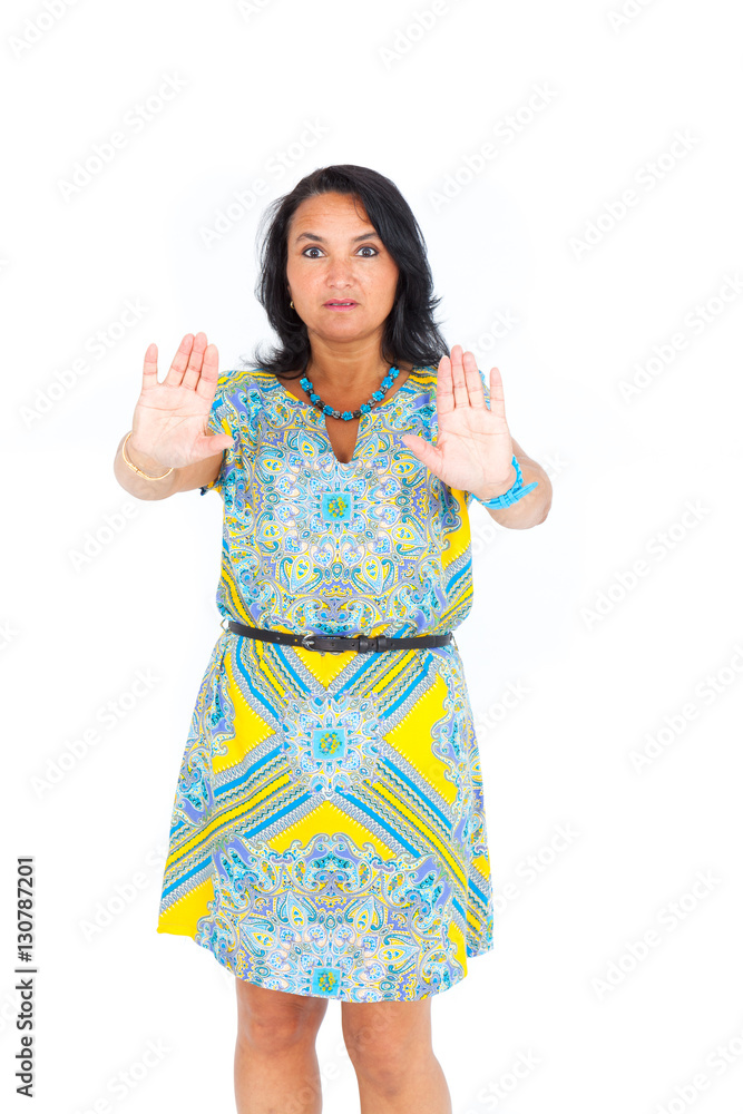 Beautiful woman doing different expressions in different sets of clothes: stop sign Beautiful woman doing different expressions in different sets of clothes: stop sign