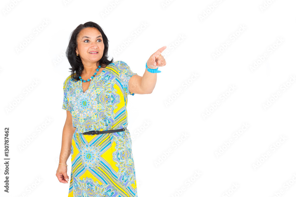 Beautiful woman doing different expressions in different sets of clothes: pointing Beautiful woman doing different expressions in different sets of clothes: pointing