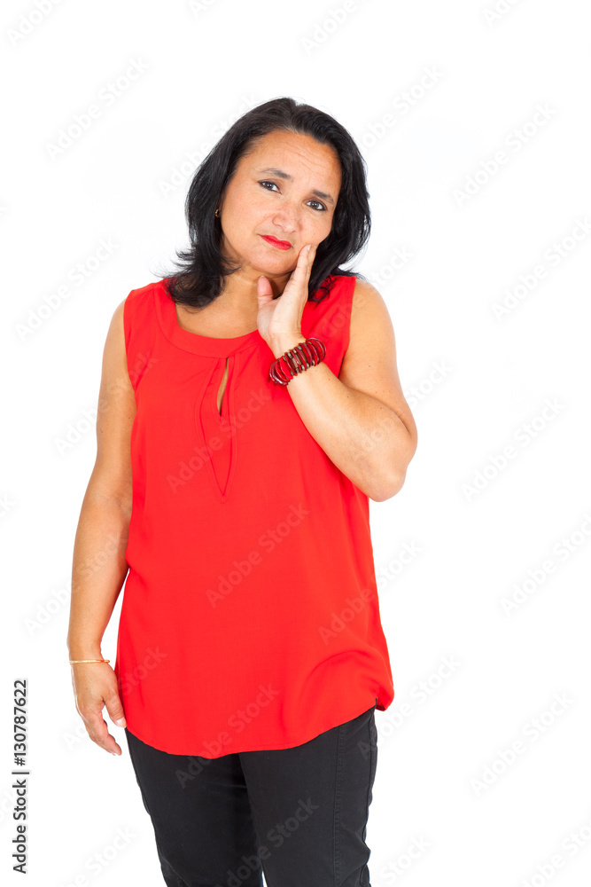 Beautiful woman doing different expressions in different sets of clothes: toothache Beautiful woman doing different expressions in different sets of clothes: toothache