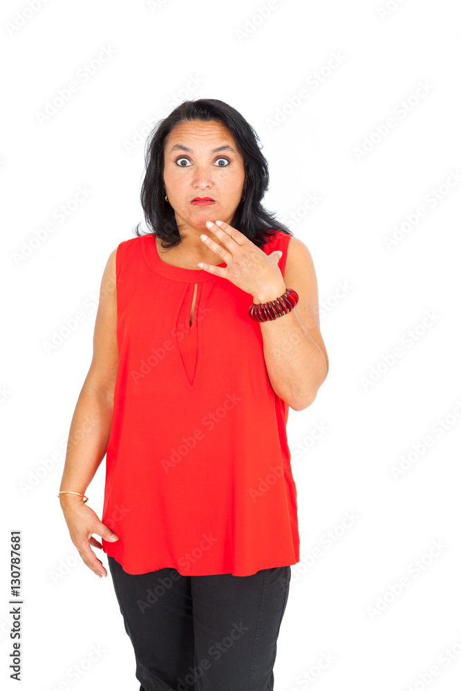 Beautiful woman doing different expressions in different sets of clothes: surprise