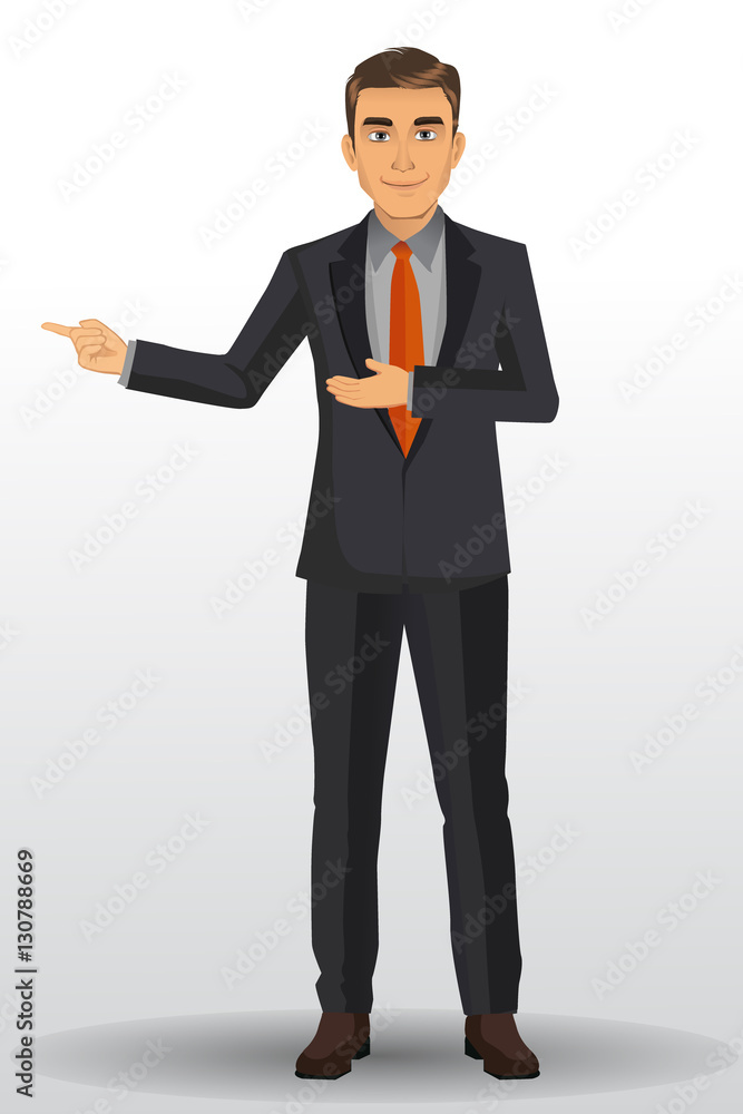 Businessman in black suits, with presentation poses, vector illustration Businessman in black suits, with presentation poses, vector illustration