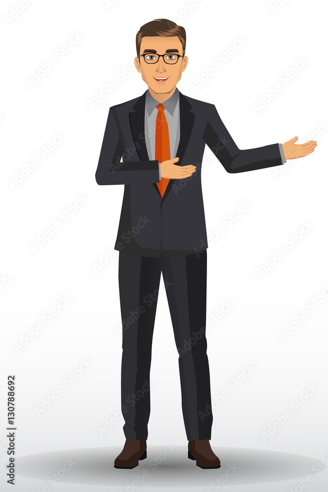 Businessman in black suits, with presentation poses, vector illustration Businessman in black suits, with presentation poses, vector illustration