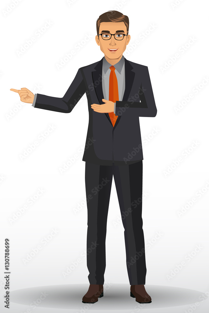 Businessman in black suits, with presentation poses, vector illustration