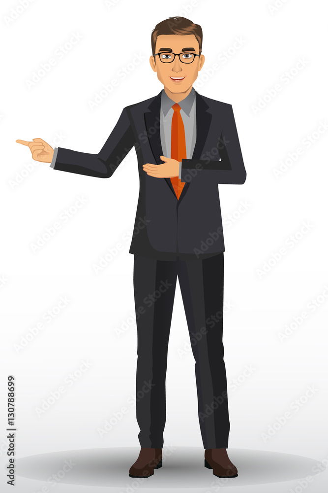Businessman in black suits, with presentation poses, vector illustration Businessman in black suits, with presentation poses, vector illustration