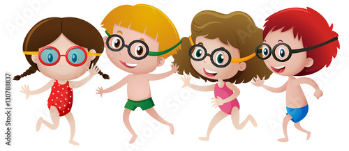 Four kids wearing swimming goggles