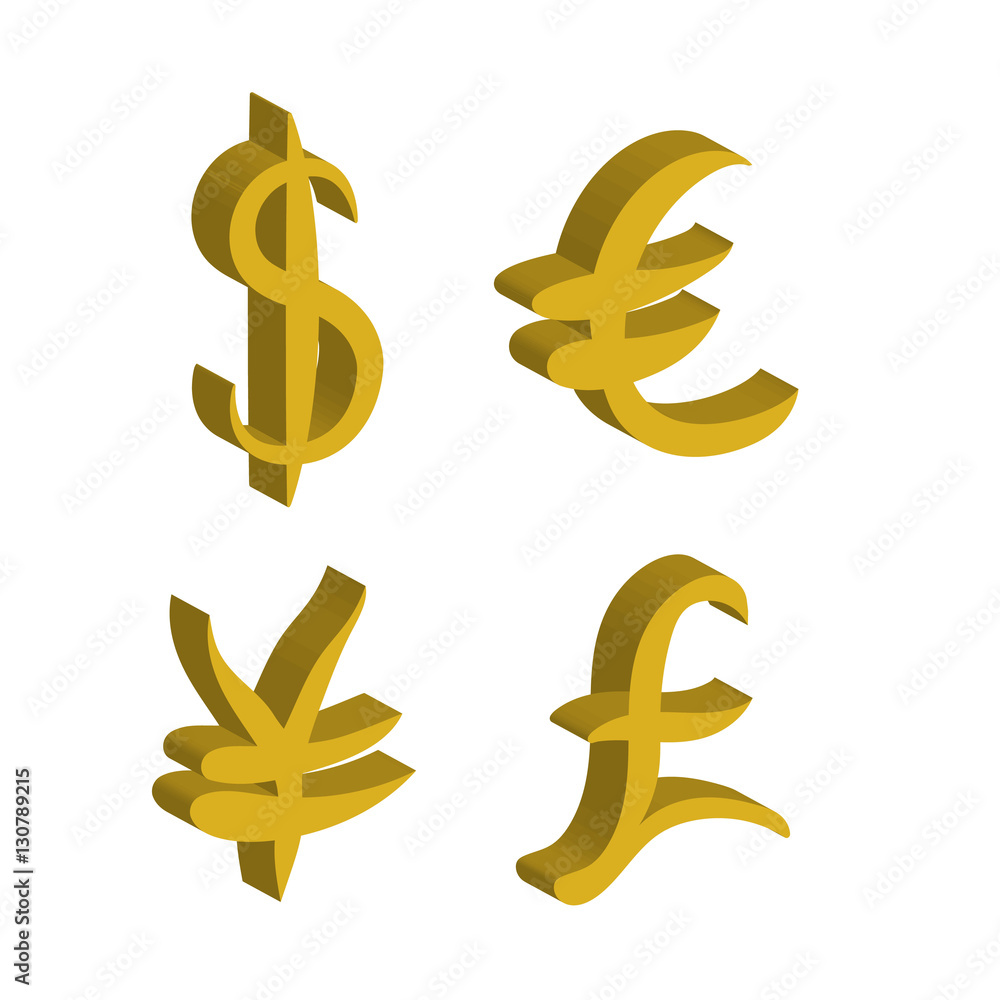 Obraz premium Gold set of main currency signs. Signs of dollar and yen, euro and pound. Vector illustration