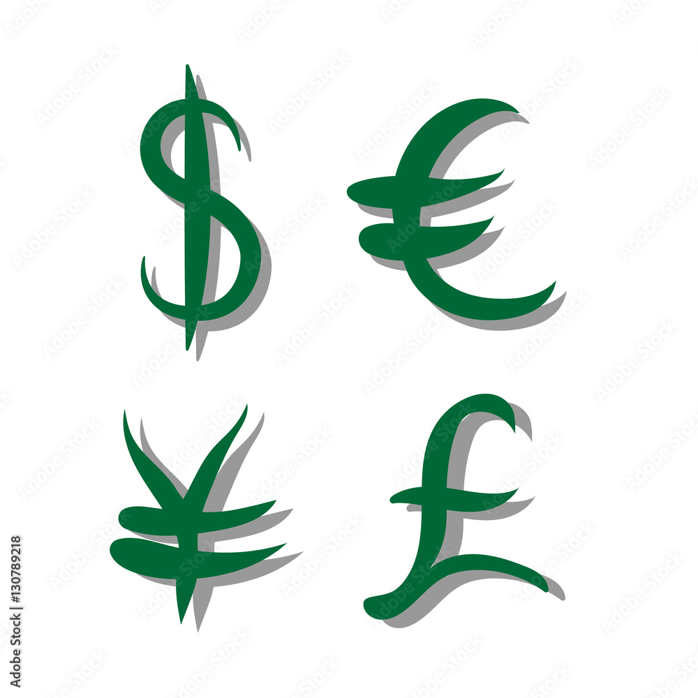 Green set of main currency signs with shadow. Signs of dollar and yen, euro and pound. Vector illustration Green set of main currency signs with shadow. Signs of dollar and yen, euro and pound. Vector illustration