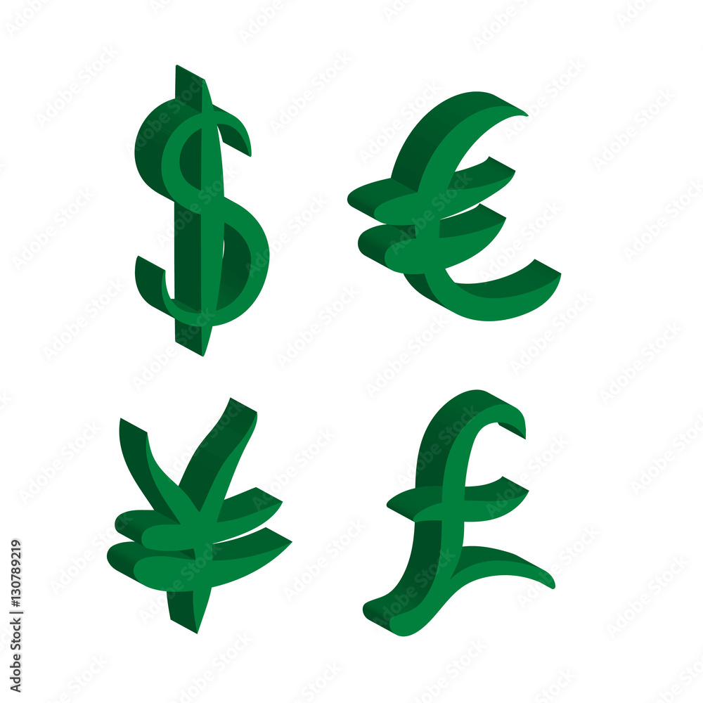 Green set of main currency signs. Signs of dollar and yen, euro and pound. Vector illustration Green set of main currency signs. Signs of dollar and yen, euro and pound. Vector illustration