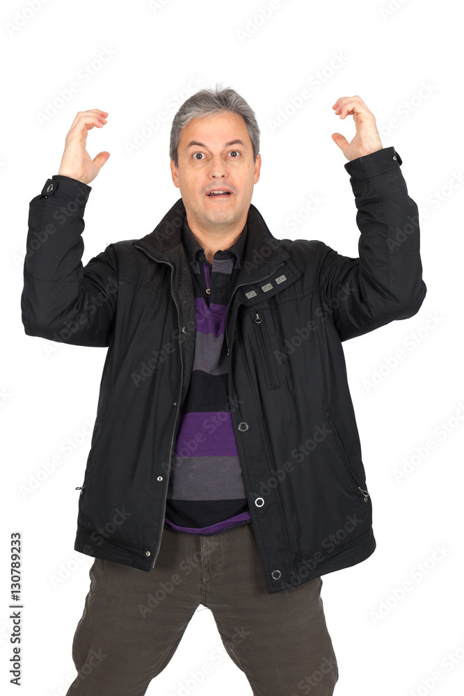 Handsome man doing different expressions in different sets of clothes: arms raised Handsome man doing different expressions in different sets of clothes: arms raised