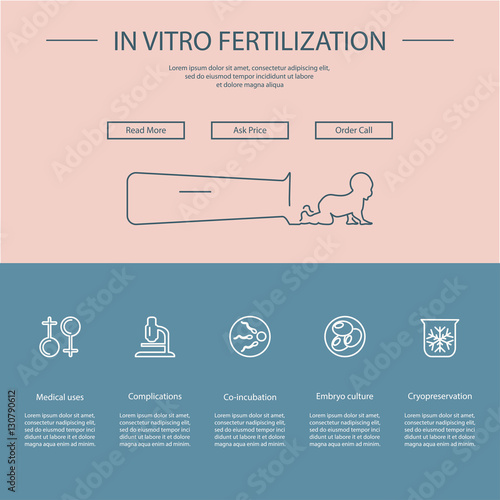 Landing page design template with In vitro fertilization symbols. Website layout for medical clinic, hospital or check-up center. Vector illustration eps10