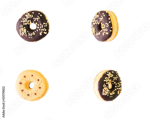 Collage of tasty donuts from different poin of views isolated on white background