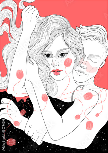 vector beautiful couple sleeping in bed under cover of night