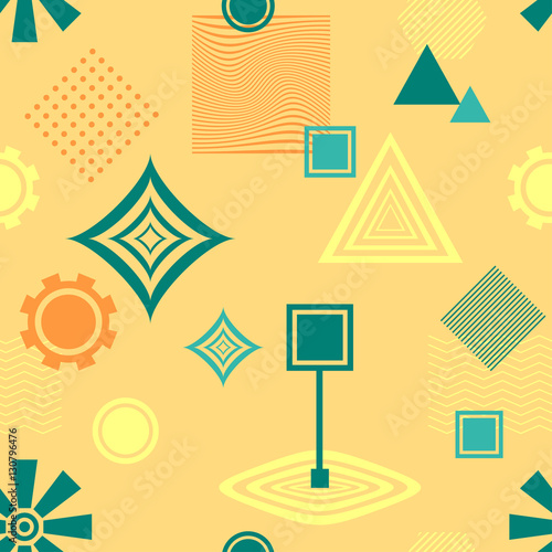 Abstract seamless pattern in postmodern Memphis Style blue green on yellow beige